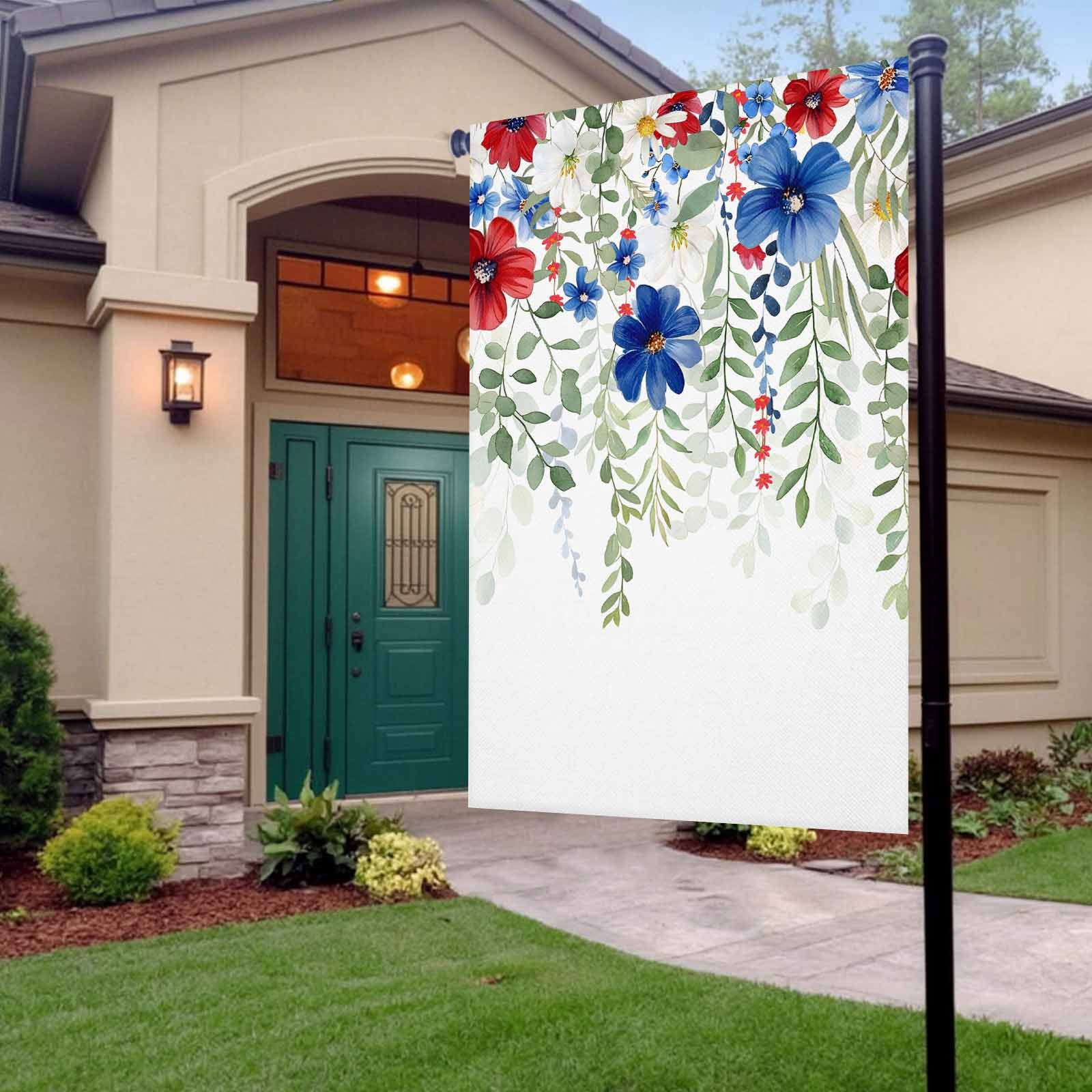 4th of July Garden Flags Red Blue Floral Garden Flag Double Sided Welcome Flag Eucalyptus Leaf Branch Independence Day Yard Flags for Outdoor Lawn Porch Memorial Day Holiday Decor 28x40 Inch