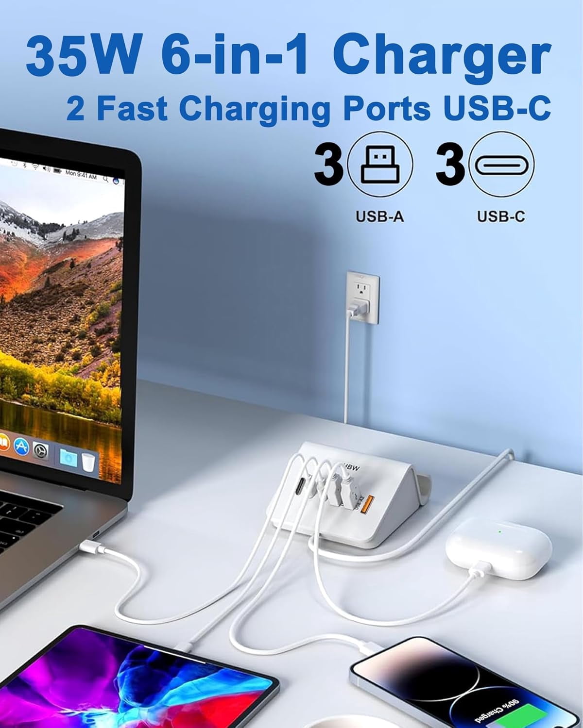 JJEAN-VHBW USB C Charger Block,6 Port 3A and 3C Multiple USB Charging Station,35W Fast USB C Charging Plug for iPhone 15/15pro/14/13/12,Samsung Galaxy S23/S22/S21,etc(6USB-3A3C-White)