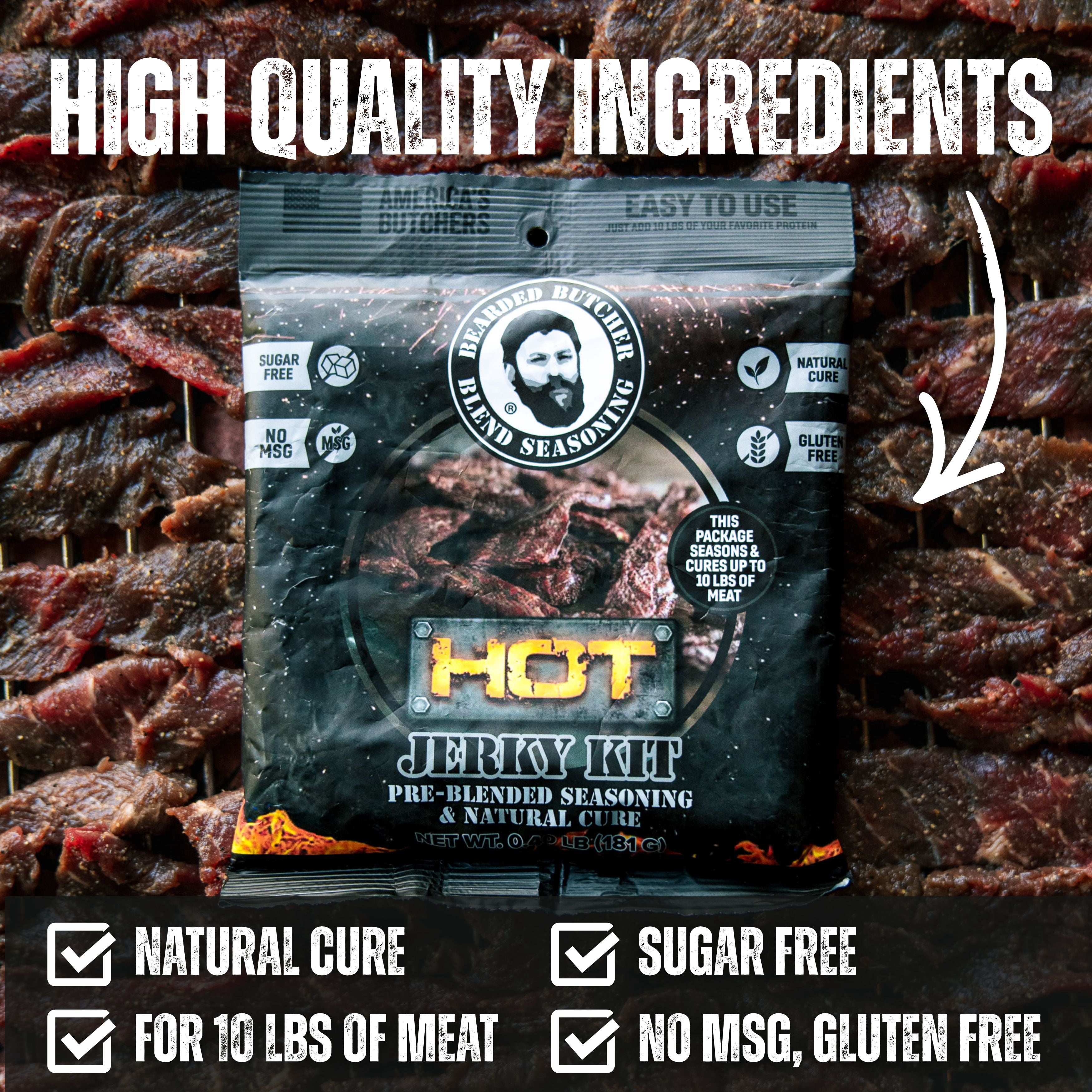 The Bearded Butchers Hot Jerky Seasoning & Natural Cure DIY Kit, Makes 10 lbs of Jerky, Clean Label Cure with Celery & Cherry Powder, Spicy Mix