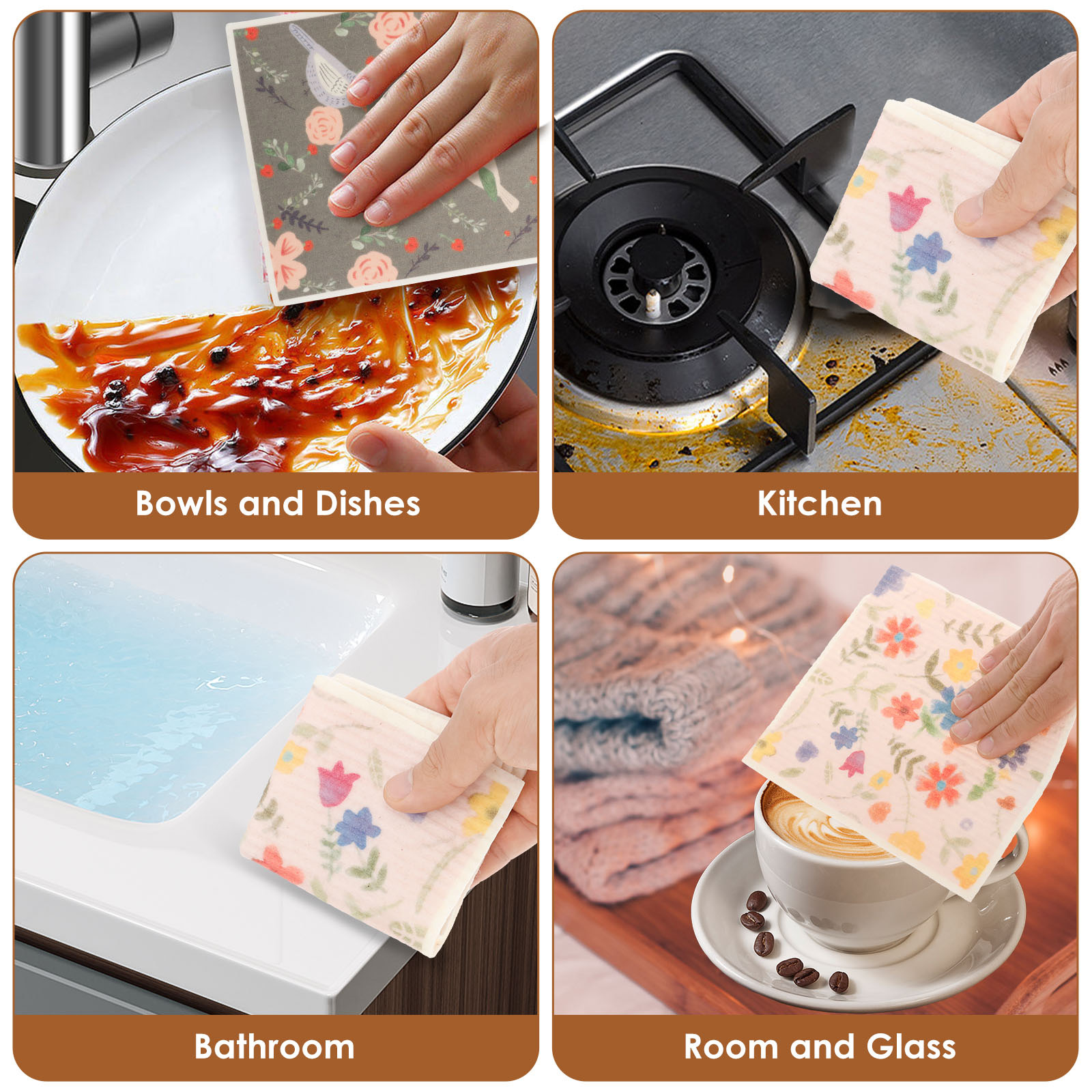 Hvxrjkn 22Pcs Swedish Dishcloths Reusable Kitchen Absorbent Dish Towel Flower Bird Pattern Kitchen Cleaning Cloth for Bathroom Countertop