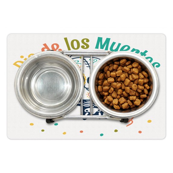 Day of the Dead Pet Mat for Food and Water, Kawaii Style Childish Skeleton with Dots Cartoon Graphic, Non-Slip Rubber Mat for Dogs and Cats, 18" X 12", by Ambesonne