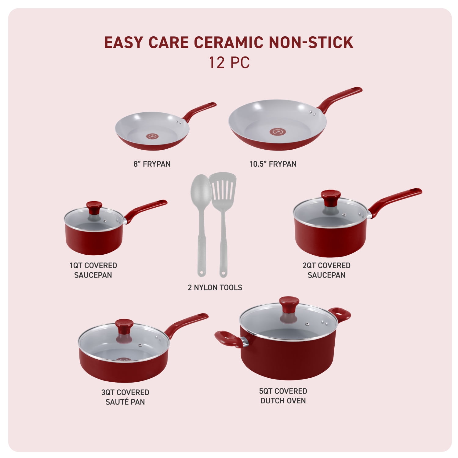 T-fal Easy Care Ceramic Non-Stick, 12 Piece Pots and Pans Cookware Set, Red