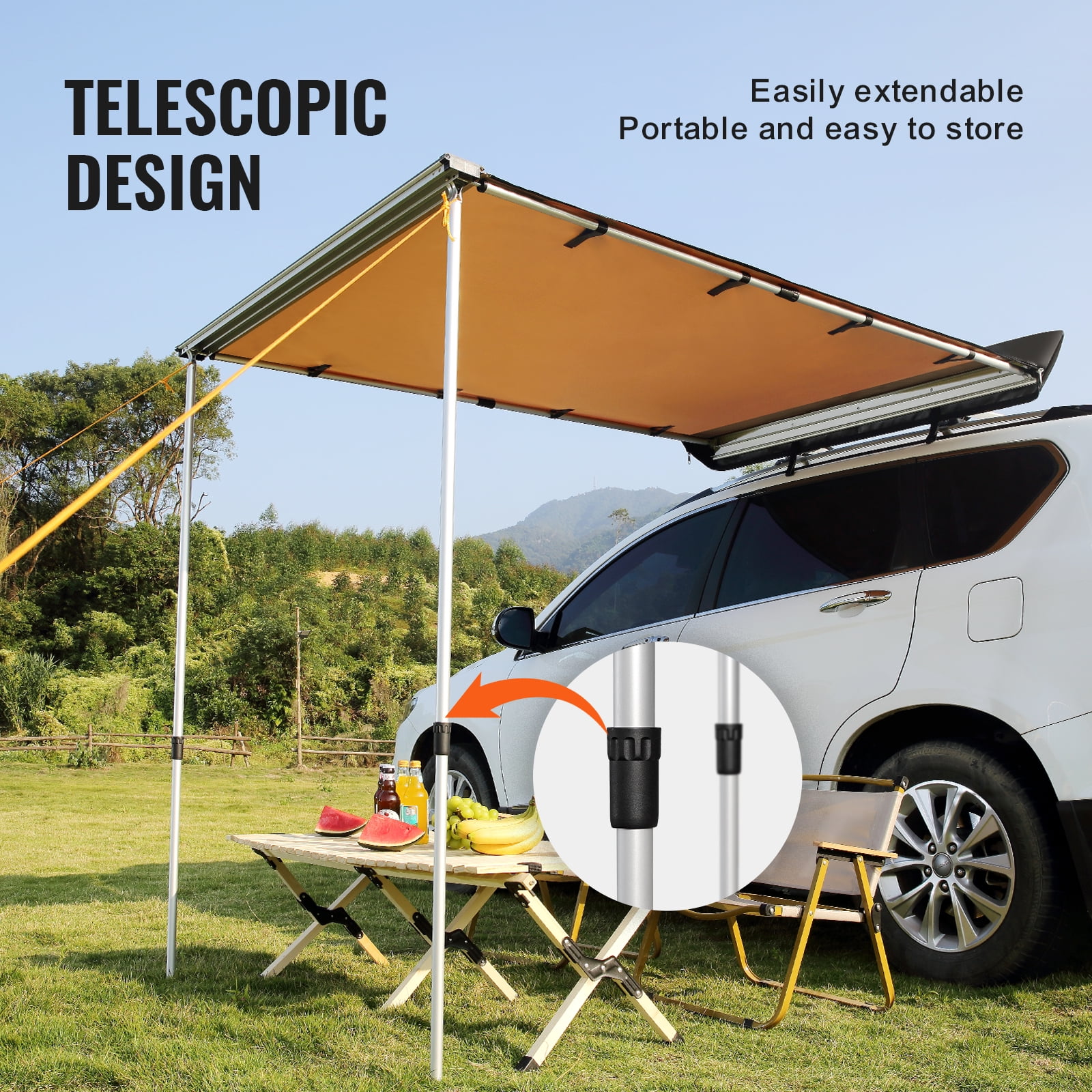 KFFKFF Vehicle Awning 6.6' x 8.2' Shade Coverage Car Side Awning PU3000 mm UV50+