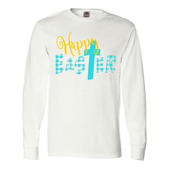 Inktastic Happy Easter with Cross in Teal Plaid Long Sleeve T-Shirt