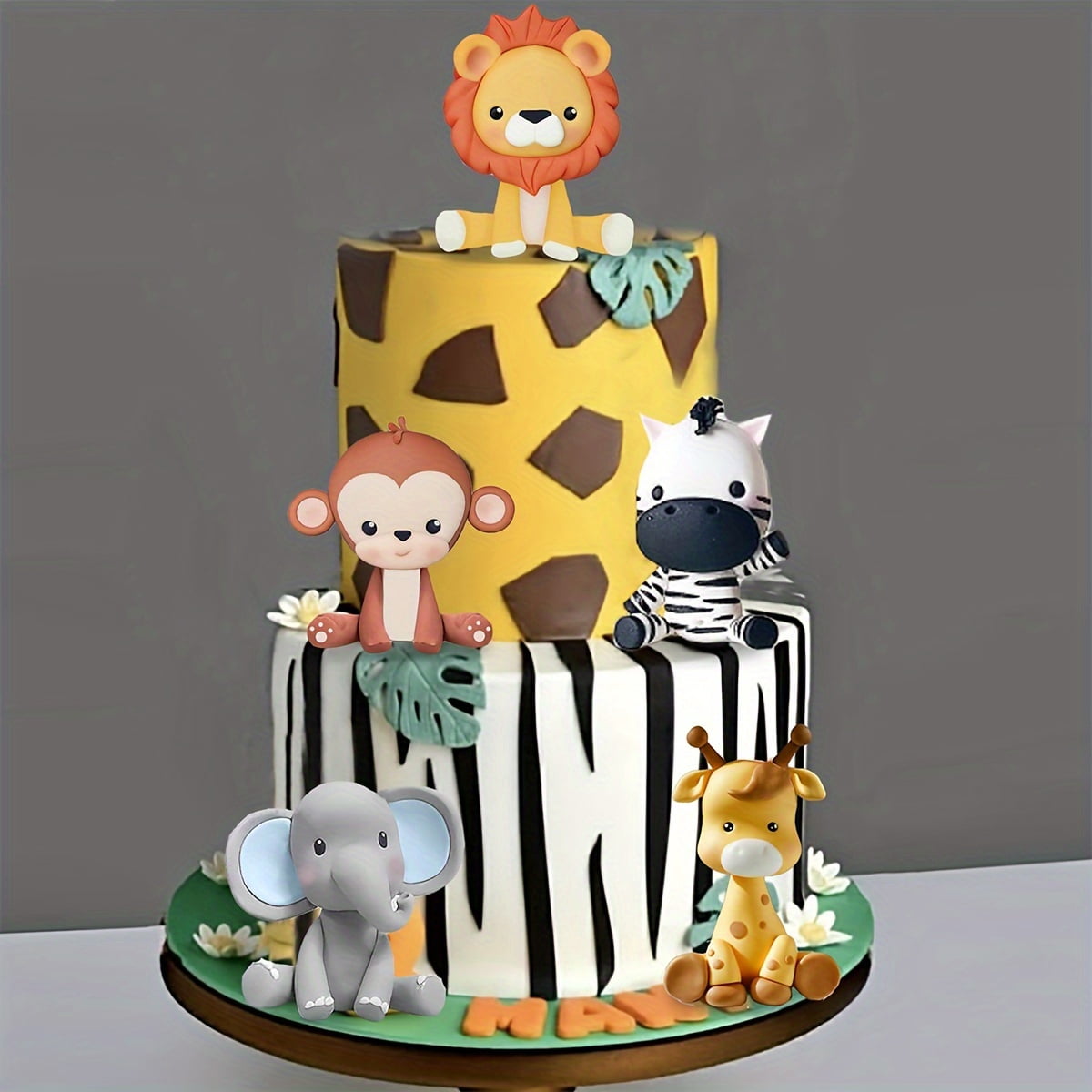 Décos Gâteau Anniversaire Thème Safari - Lion + Boules Vertes/Dorées - Fête Jungle
