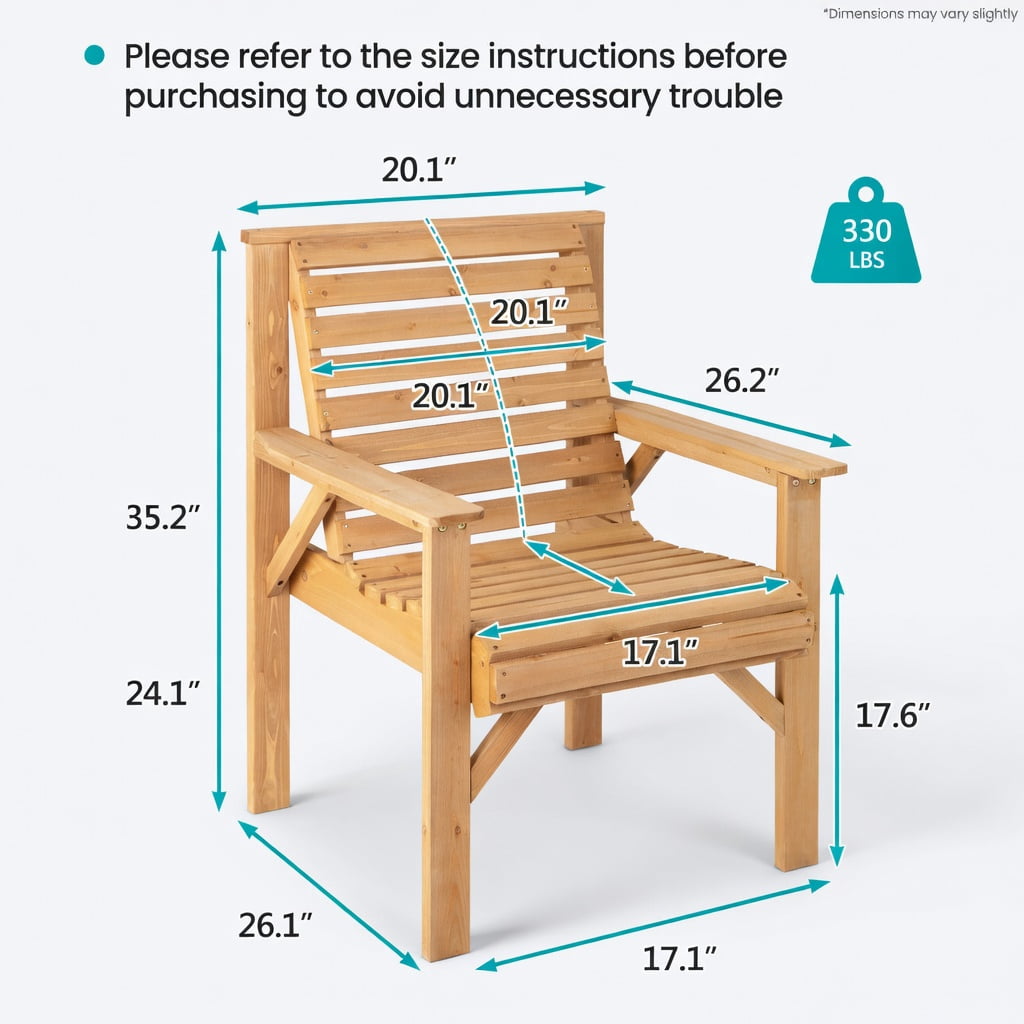Resenkos Outdoor Solid Fir Wood Chair with Inclined Backrest, Outdoor Dining Chair for Outside Patio, All Weather, Porch, Garden, Poolside