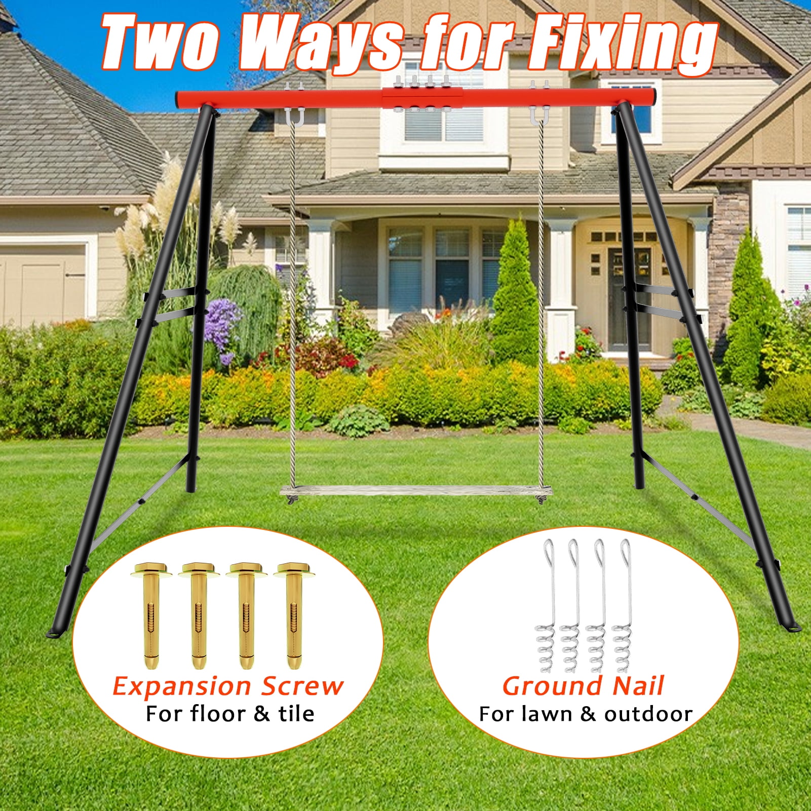 Swing Sets for Backyard, Swingset Outdoor for Kids, Toddler Porch Swing, Metal A-Frame Swing Stand for Indoor, Adult Backyard Swing Frame, Easy to Assemble, Red (without Swing)