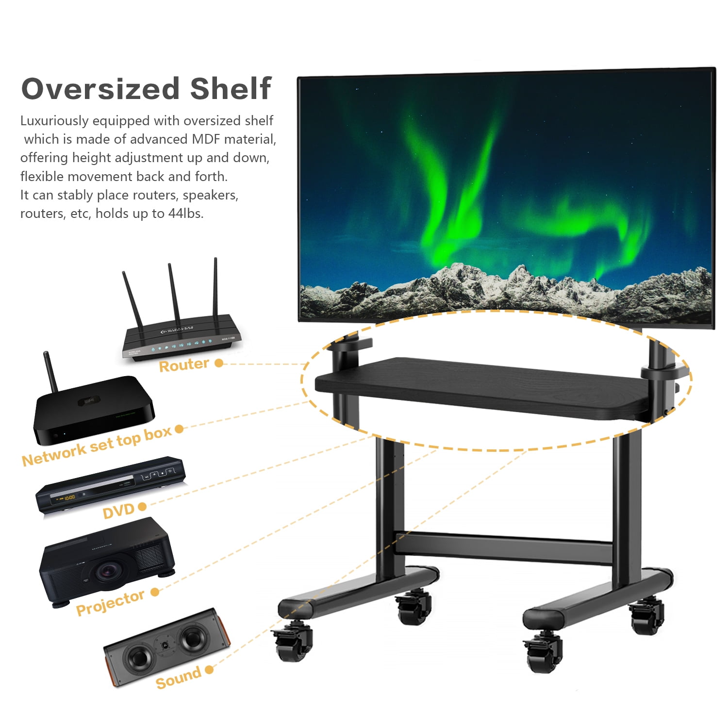 Black Mobile TV Stand Rolling TV Cart for 55 to 90 inch Flat Screen TVs，Holds Up to 200lbs