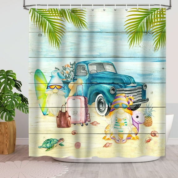 Tropical Beach Shower Curtain, Funny Summer Beach Bathroom Decor Gnome Shower Curtains for Bathroom, Cute Fabric Bath Accessories 12 Pack Hooks 69x70inch