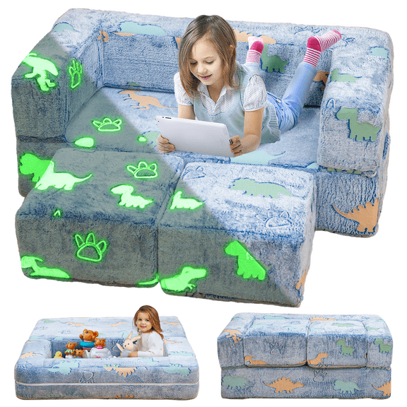 Baxluxe Velvet Kids Couch Sofa Chairs, Glow in The Dark Folding Toddler Modular Sofa, Luminous Convertible Baby Play Lounger Chairs, Kids Play Sofa Couch for Bedroom, Playroom, Blue