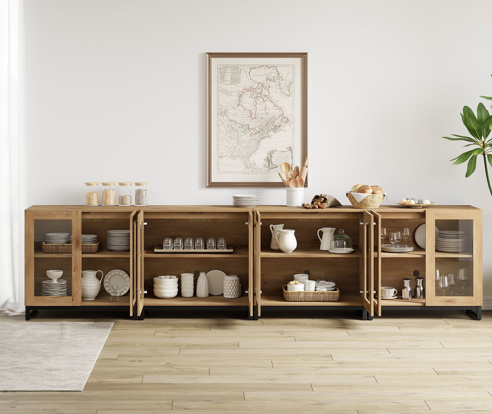 WAMPAT 4-in-1 Multifunctional Sideboard Buffet Cabinet with 8 Glass Doors and Adjustable Shelf Coffee Bar Storage Cabinet for Living Room Kitchen,Oak