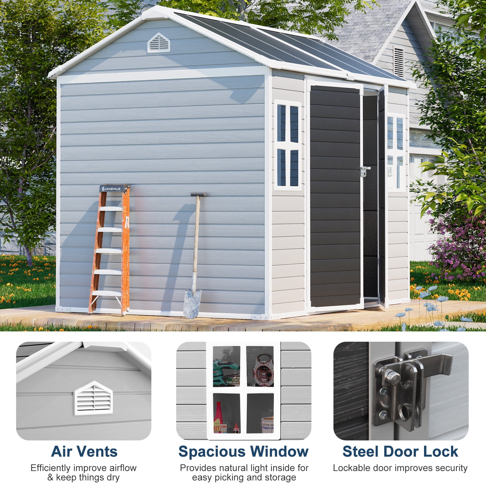 JULY'S SONG Outdoor Storage Shed with Floor, 8x6 FT Resin Sheds with Lockable Door & 2 Windows, Vent, Waterproof Plastic Storage Sheds for Outside, Grey
