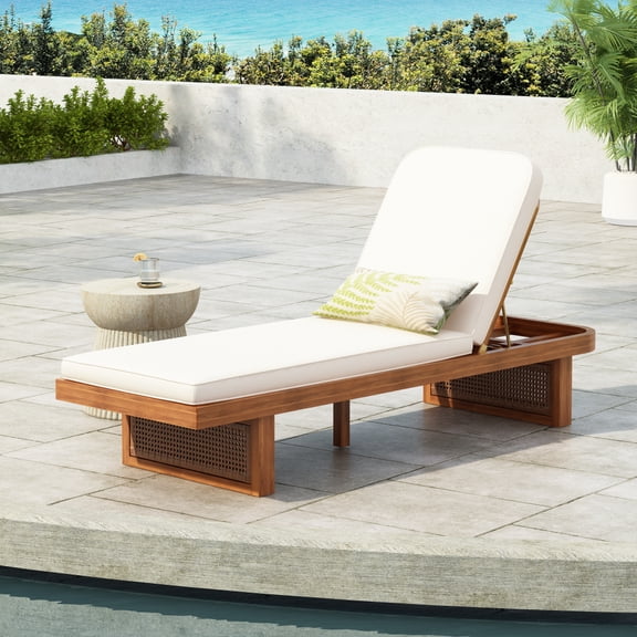 Outdoor Acacia Wood Chaise Lounge Chair with PE Rattan, Multi-Position Adjustable Backrest, White Removable Cushion, Patio Poolside Sun Lounger