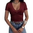 thumbnail image 2 of Summer Fashion Women V-neck Slim Fit T-shirt Cotton Solid Tee Tops, 2 of 5