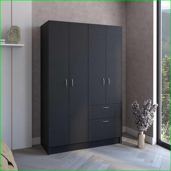 Chests & Wardrobes | 67.2” Double Door Armoire with Drawer, Shelves & Rod | Black/White | Engineered Wood
