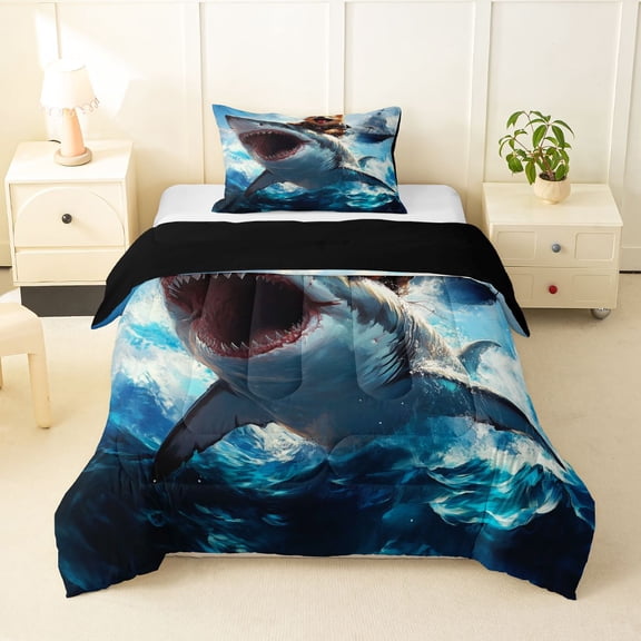 Homewish Cool Corgi Shark Twin Comforter Sets,Cartoon Animal Bedding Set,Blue,Ocean Wave Decor,Black Reversible,2 Pieces,1 Comforter and 1 Pillowcase