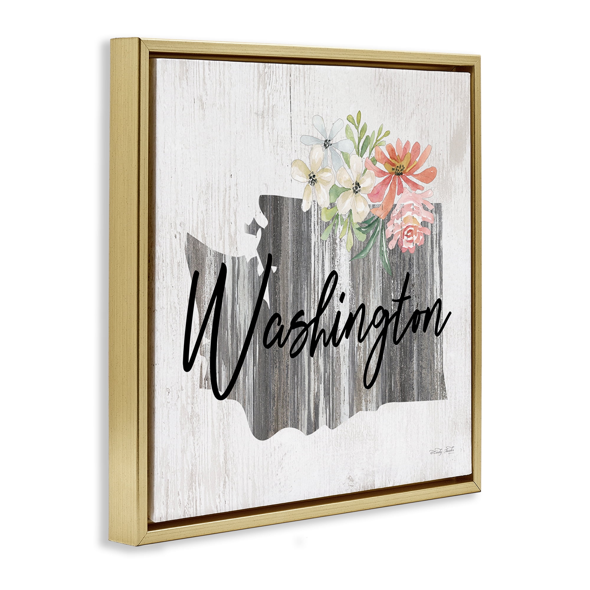 Stupell Industries Shabby Chic Washington Botanical & Floral Painting Gold Floater Framed Canvas Art Print Wall Art, 25 x 25