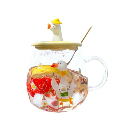 

Cute cartoon Duck Glass 450ml coffee cup with lid spoon for breakfast tea milk drinks oats yogurt