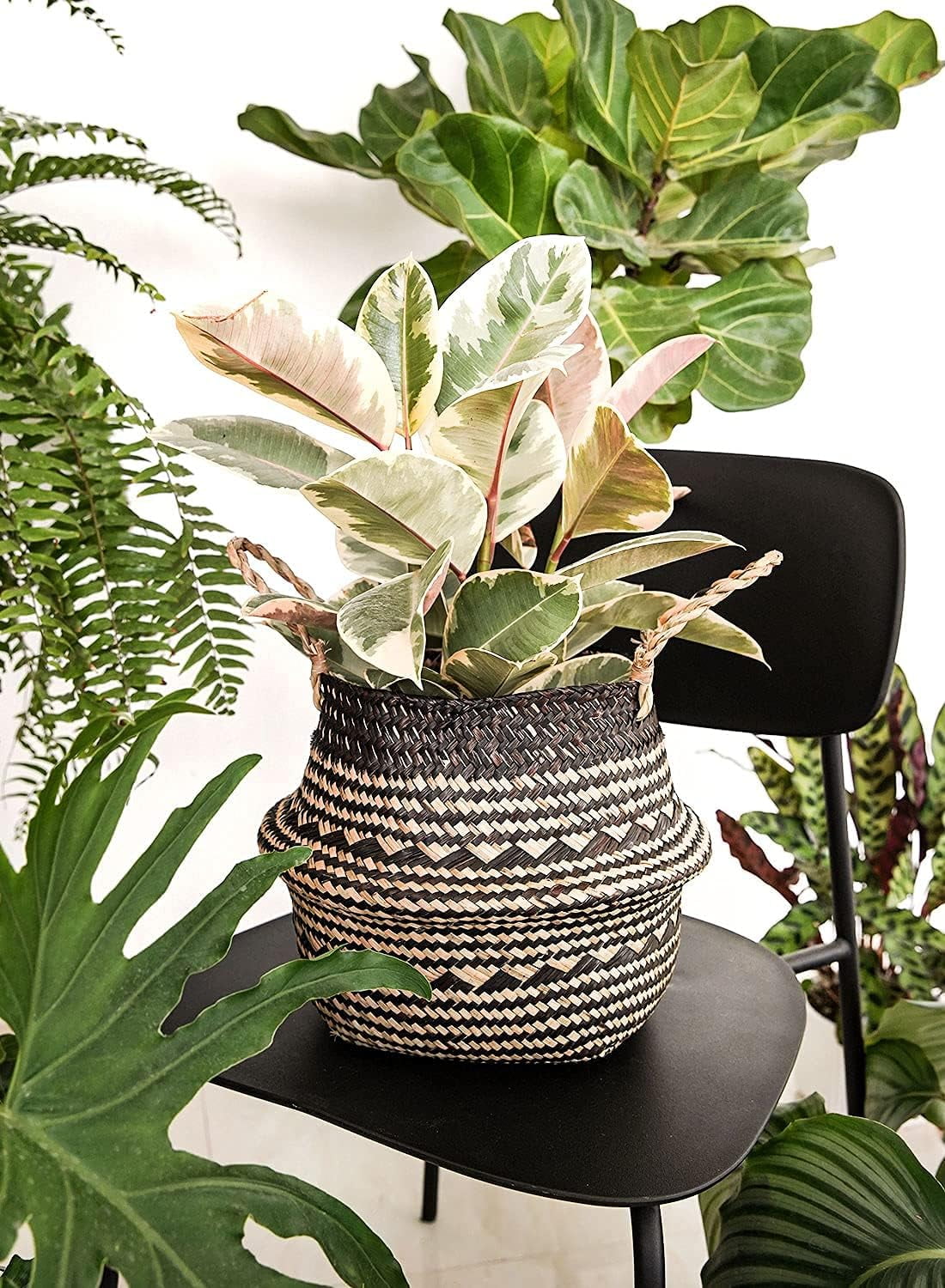 LE TAUCI Plant Basket, 7.8 Inch Black Triangle Woven Seagrass Belly Planter Baskets