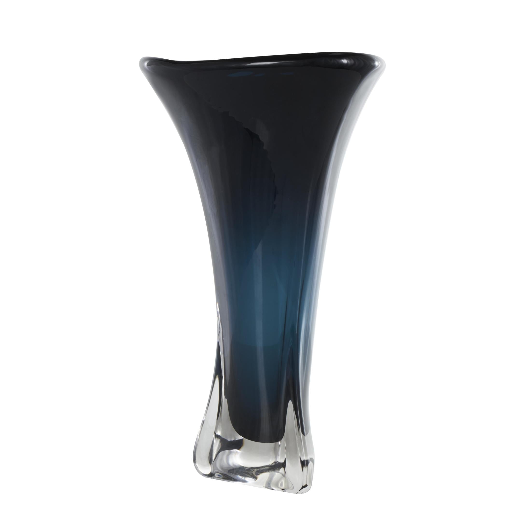 DecMode 18" Abstract Ombre Tulip Dark Blue Glass Vase with Clear Base