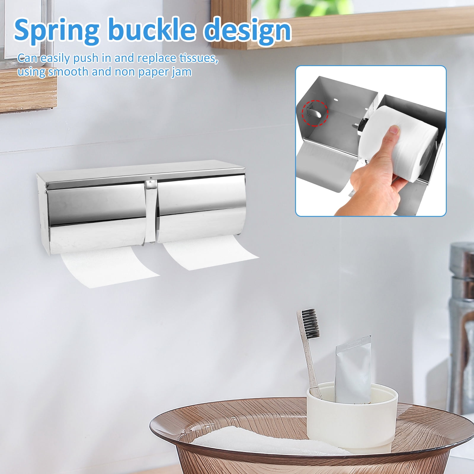 Double Roll Toilet Paper Holder Dispenser Toilet Paper Dispenser Wall Mount, Double (2 Roll) Locking Toilet Paper Holder Compact Two Roll, Side by Side Design Tissue Paper Dispenser