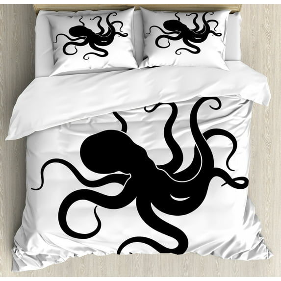 Octopus Duvet Cover Set Queen Size, Nautical Theme Illustration of Silhouette of a Sea Animal on Plain Back, Decorative 3 Piece Bedding Set with 2 Pillow Shams, White Charcoal Grey, by Ambesonne