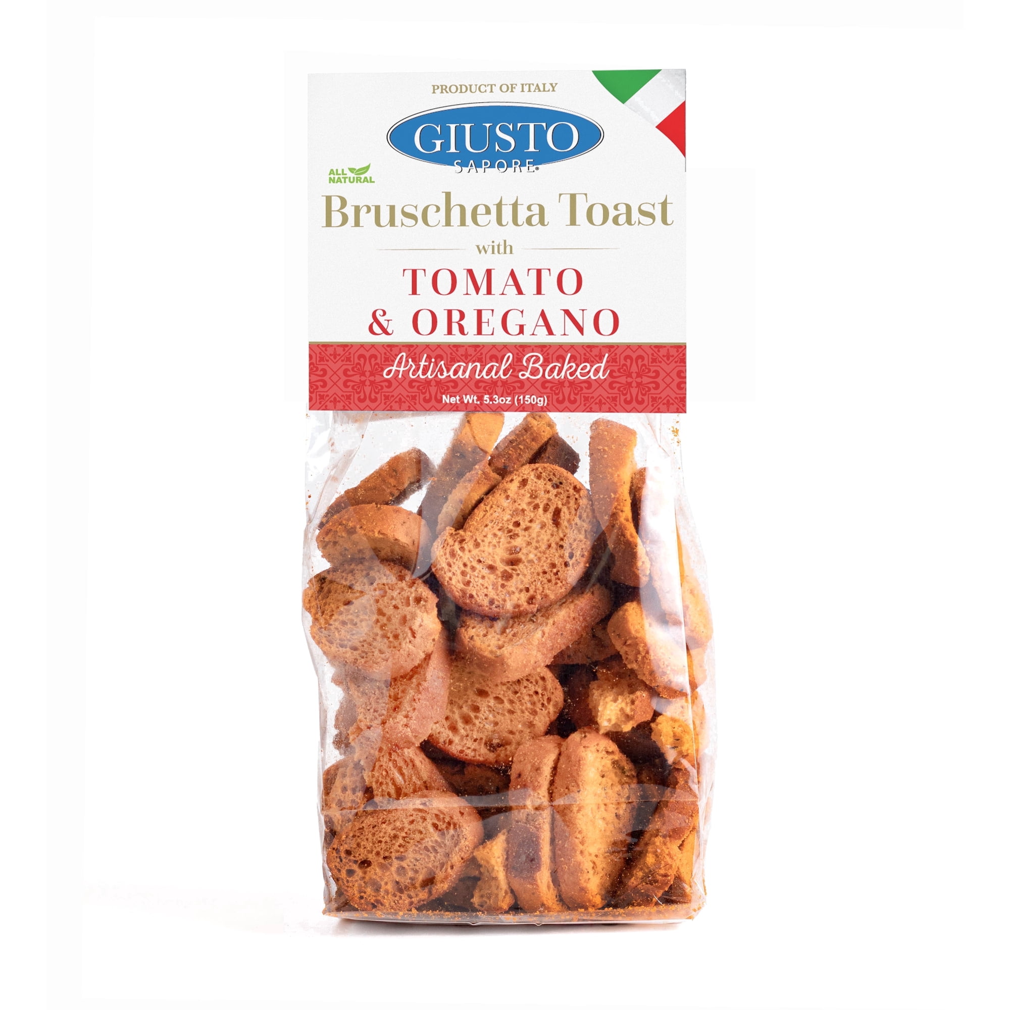 Giusto Sapore Italian Tomato & Oregano Bruschetta Toast, Imported Italian Artisanal Snack, Mini Toast, 5.3oz (150g)