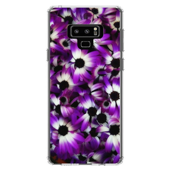 DistinctInk Clear Shockproof Hybrid Case for Samsung Galaxy Note 9 - TPU Bumper, Acrylic Back, Tempered Glass Screen Protector - Purple White Black Flowers