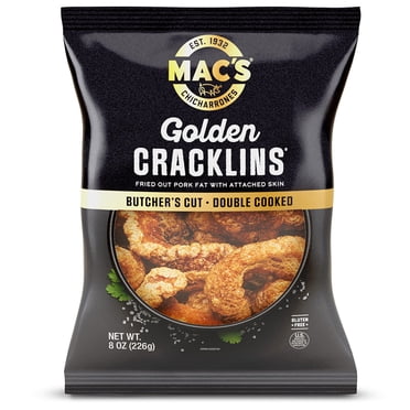 Mac's Chicharrones Golden Pork Cracklins, Fried Pork Fat with Skin, 8 oz Bag