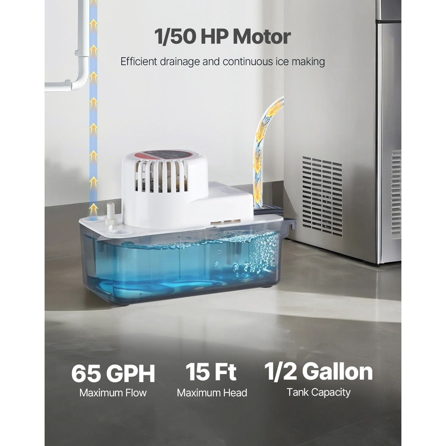 Condensate Removal Pump 1/50 HP, 65 GPH, 24 ft Max Head, 1/2 Gal Tank, Float Switch, for Air Conditioner Dehumidifier