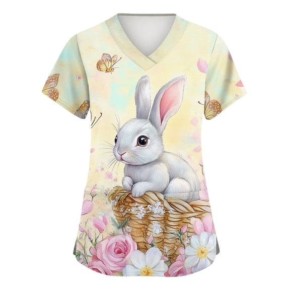 Holiday Print Nurse Scrubs for Women Easter Bunny Rabbit Egg Short Sleeve V Neck Pocket Medical Work Uniform Tops 2026 Light pink 4XL