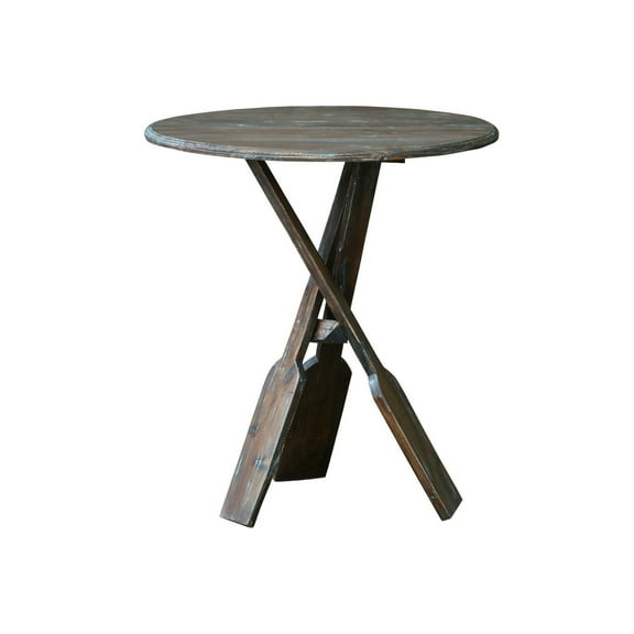 Round Boat Oar Accent Table - Wood End Table - Distressed Brown Blue - Fully Assembled Decor
