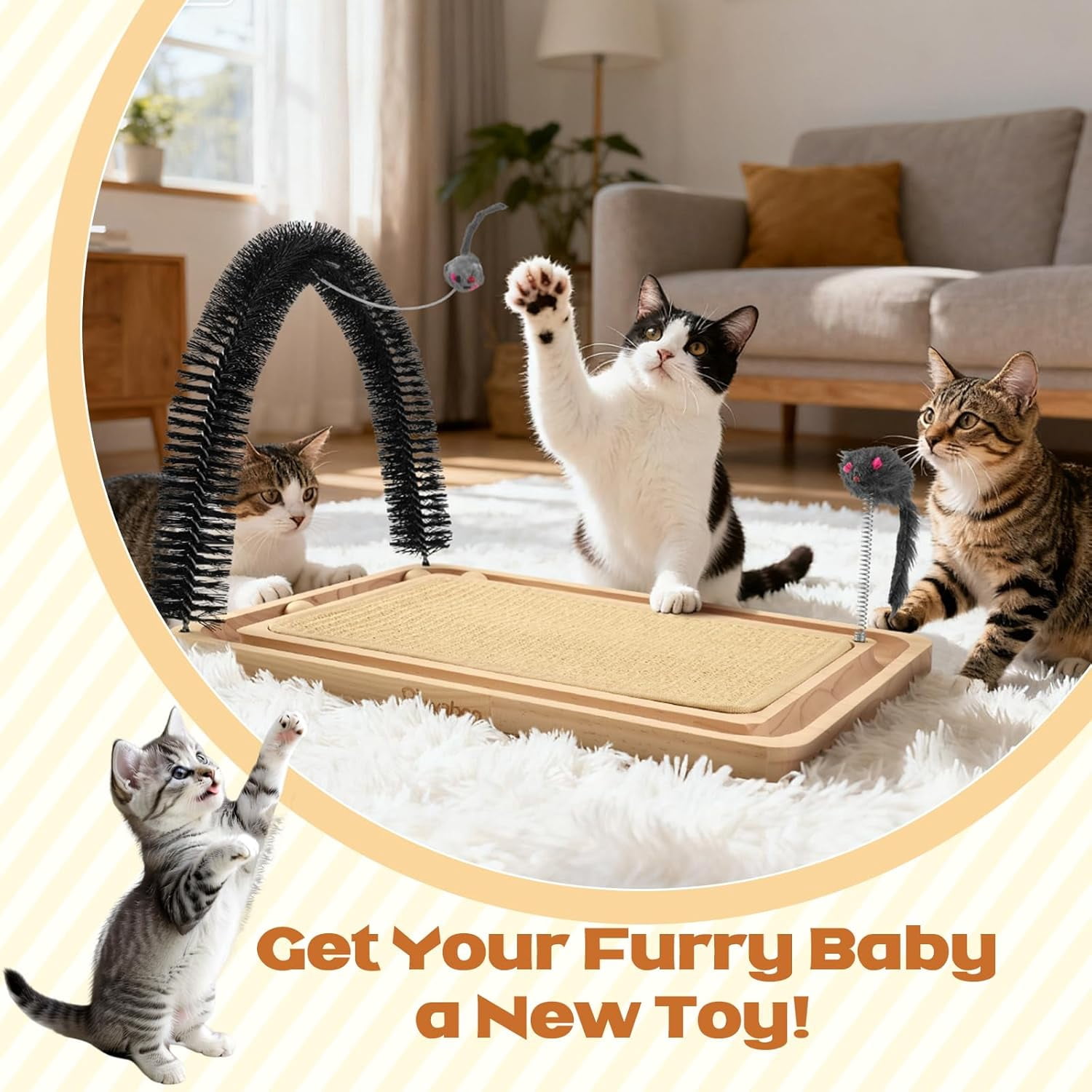 Pawaboo Sisal Cat Scratcher Toy, 16.93"×12.99"×12.20" Cat Scratcher Toy with Ball Track, Wooden Interactive Toys for Indoor Cats Scratch Pad, Cats Chasing Hunting Physical Exercise Toys