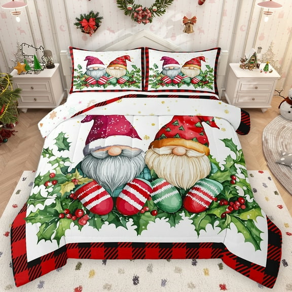 Homewish Cartoon Gnome Bedding Comforter Set,Rustic Christmas Flower Twin Comforter Sets,Red Xmas Berry Bedding Set For Girls Kids,Breathable Home Decor Reversible,2 Pieces