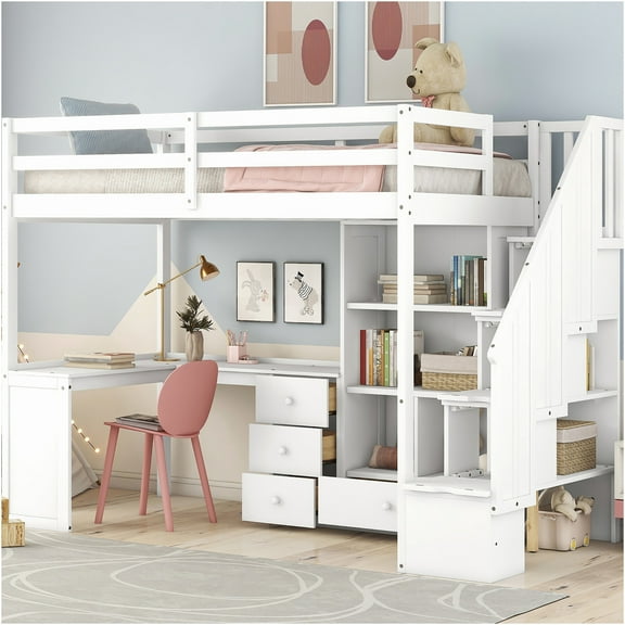 JERFIT White Twin Loft Bed with L-Shaped Desk, Staircase Drawers Cabinet, Space-Saving Solid Wood Study Sleeper