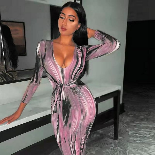 Robes pour Femmes Automne Manches Longues Imprimées Sexy Col en V Longue Robe