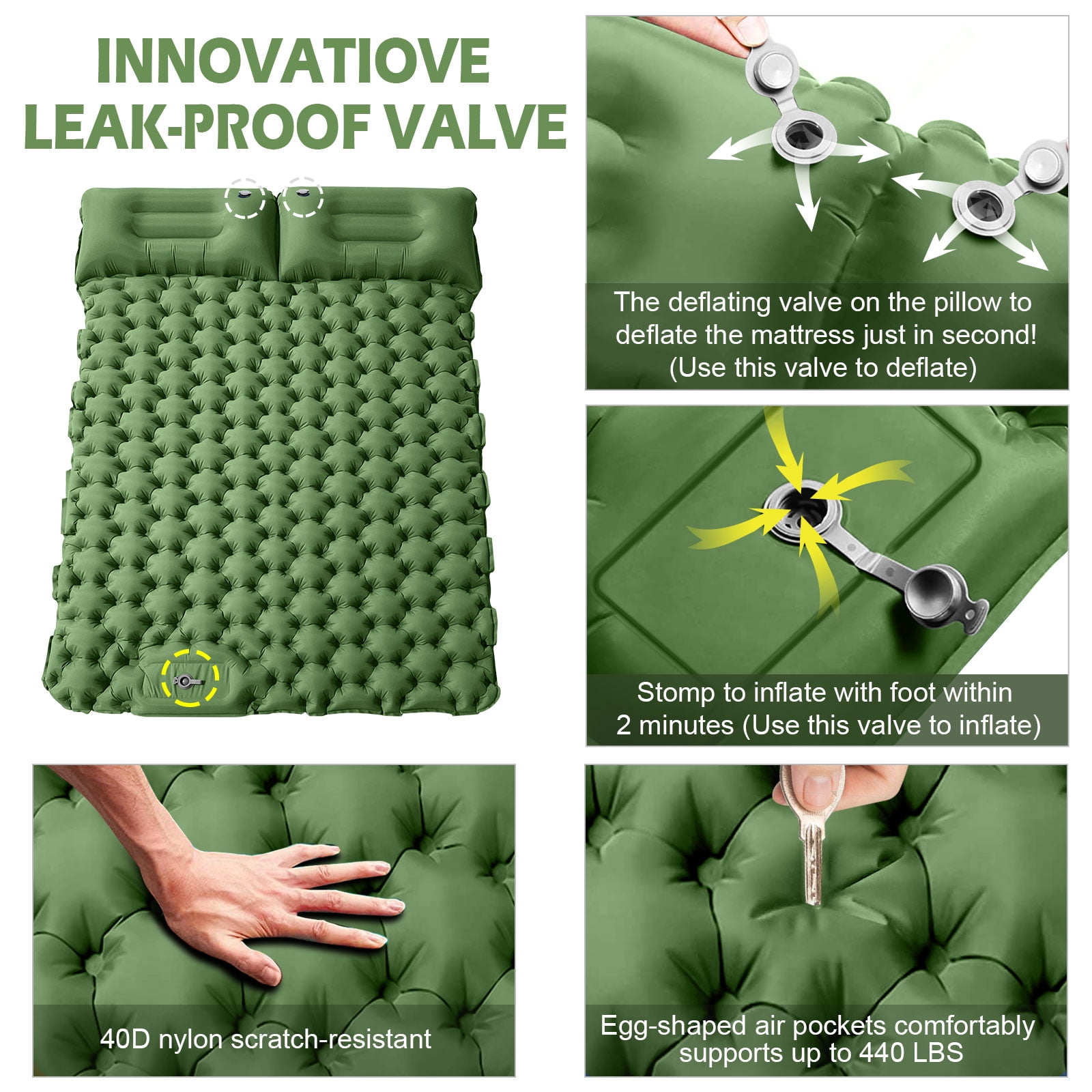 Eurhowing Double Sleeping Pad 4" Thick, 2 Person Inflatable Camping Mat with Foot Pump & Pillow, Portable Air Mattress for Backpacking Hiking Tent Travel, Green