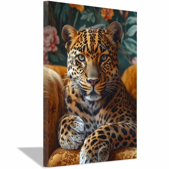 Mudket Luxury Leopard on Gold Couch Canvas Wall Art, Leopard Print Room Decor Framed Ready to Hang for Living Room Office - 12"L x 8"W