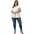 thumbnail image 3 of Women's Plus Size Blouse Round Neck Button Decor Drawstring Elastic Back Bell Sleeve Summer Tops White 2X, 3 of 7