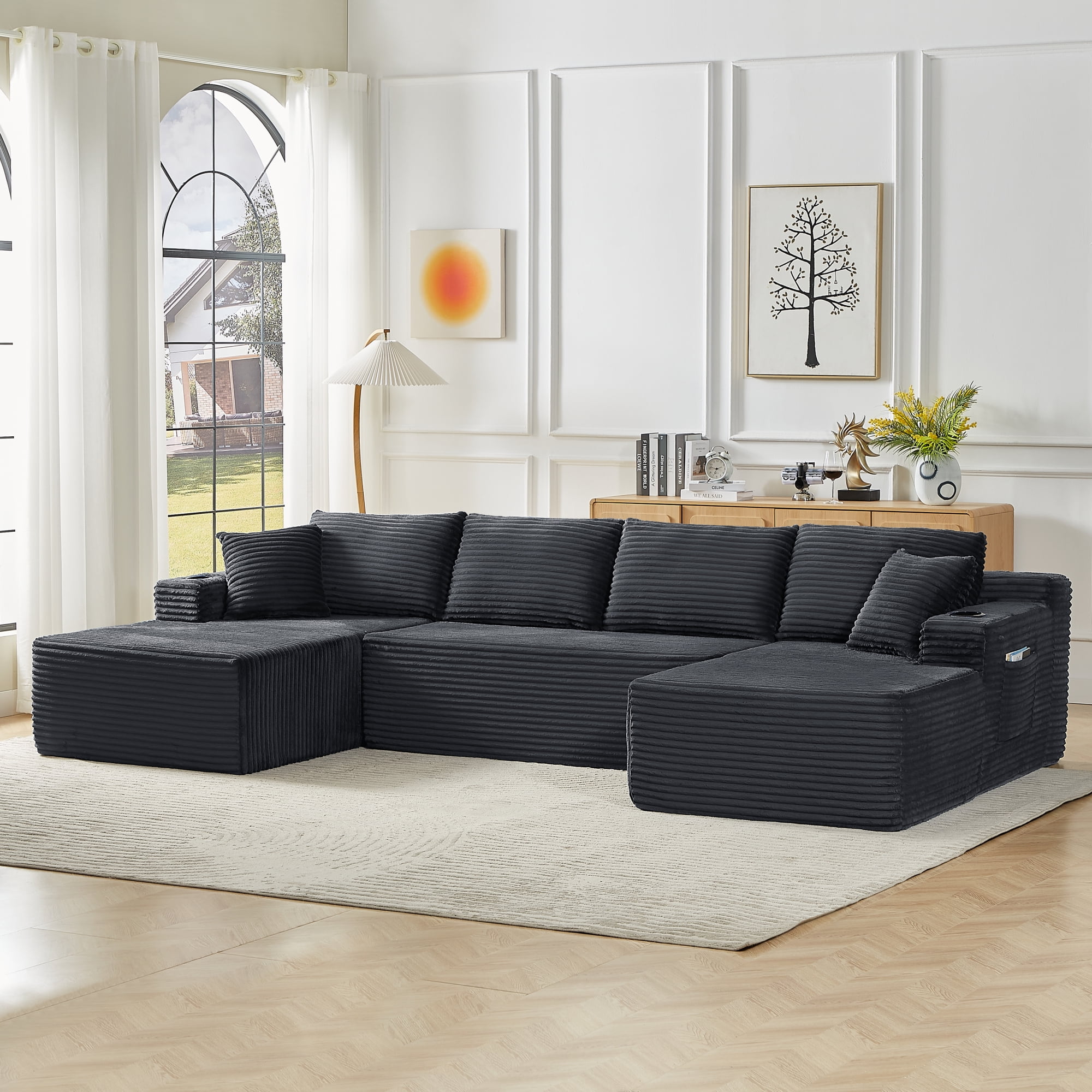 Leumius 133" Oversized Boneless Sectional Couches for Living Room,Modern Corduroy U Shaped Modular Sectional Sofa with Deep Seat,6-Seat Cloud Couch with Cupholders and Side Pockets,No Assembly