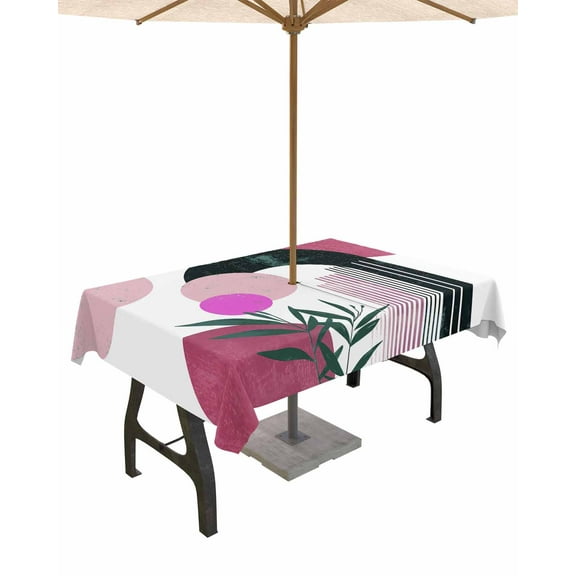 nqOlkjepod Boho Middle Century Outdoor Tablecloth with Umbrella Hole & Zipper, Abstract Pink Geometric Botanical Rectangle Table Cover 54x80 Inch, Dining Waterproof Table Cloth Protector for Patio