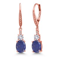 Gem Stone King 18K Rose Gold Plated Silver Blue Lapis and White Created Sapphire Dangle Earrings for Women with Lab Grown Diamond (4.53 Cttw, Oval 9X7MM)
