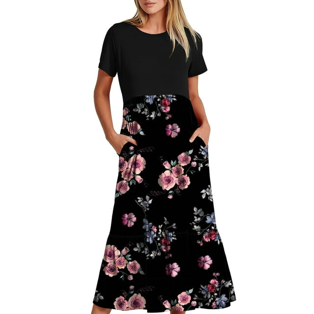 Penkiiy Robe d'Été Décontractée à Manches Courtes Col Rond Robe Maxi Fluide à Volants avec Poches Imprimé Floral 2TG Noir