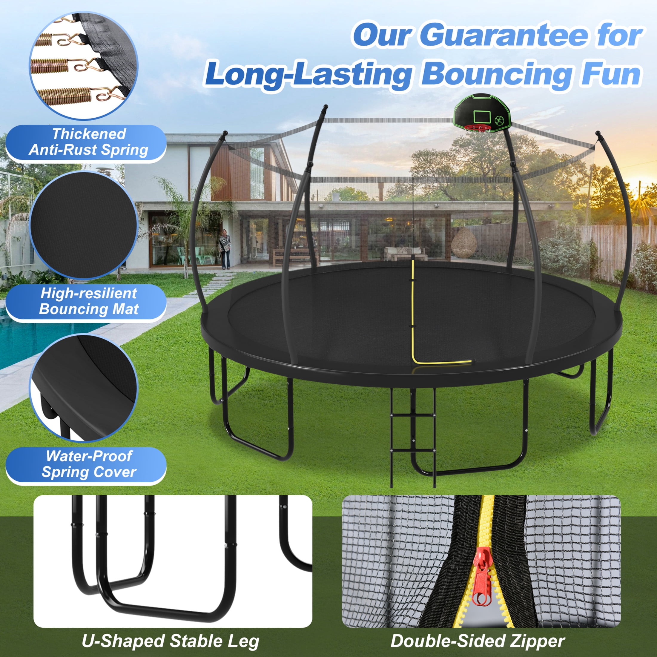 Noble House 16FT Outdoor Trampoline for Kids, Adults with Basketball Hoop, Enclosure Net and Ladder, Black