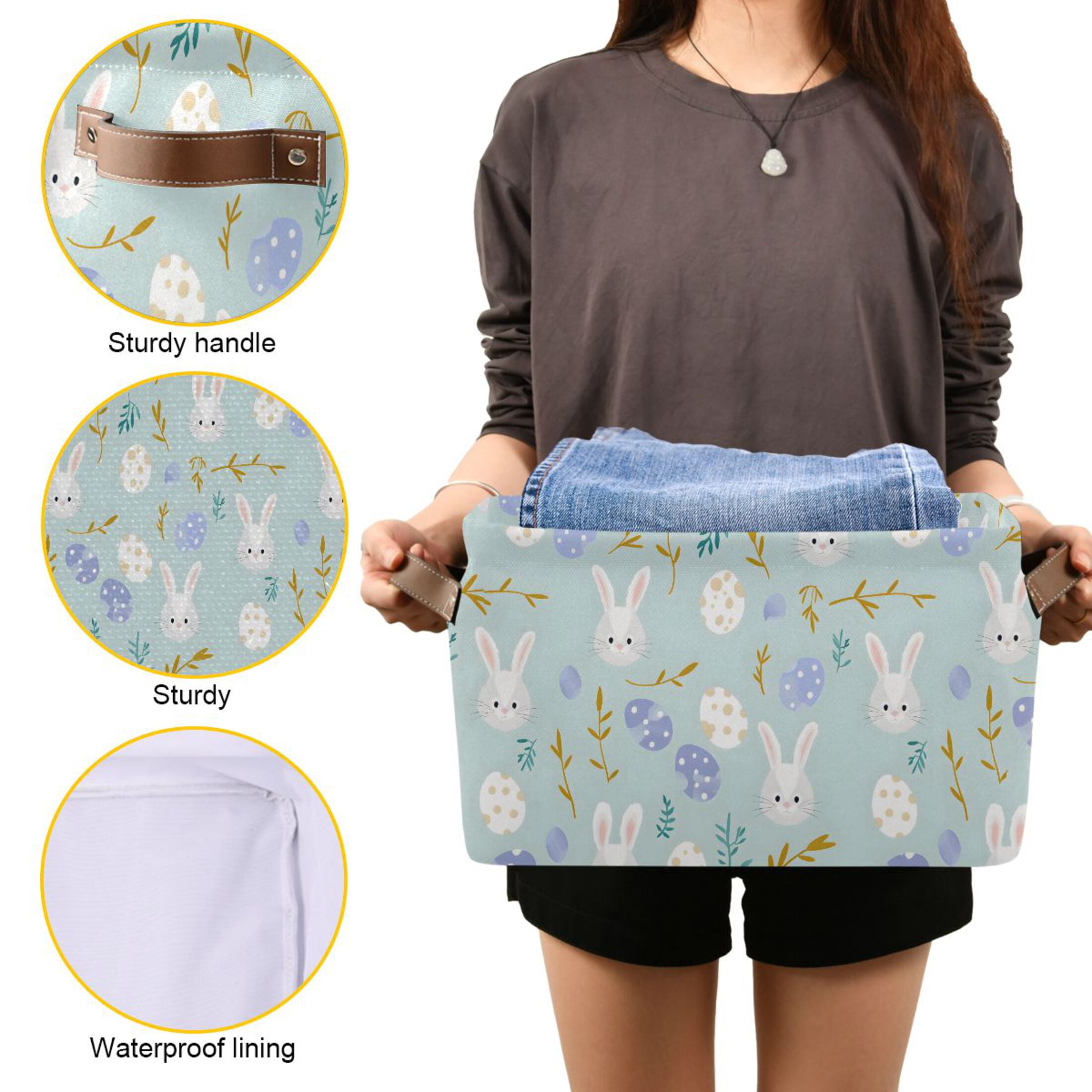 Easter Egg and Bunny Rabbit Storage Bins with Handle Fabric Organizer Basket Foldable Box 2 Pack 14.2x10.2x8.3
