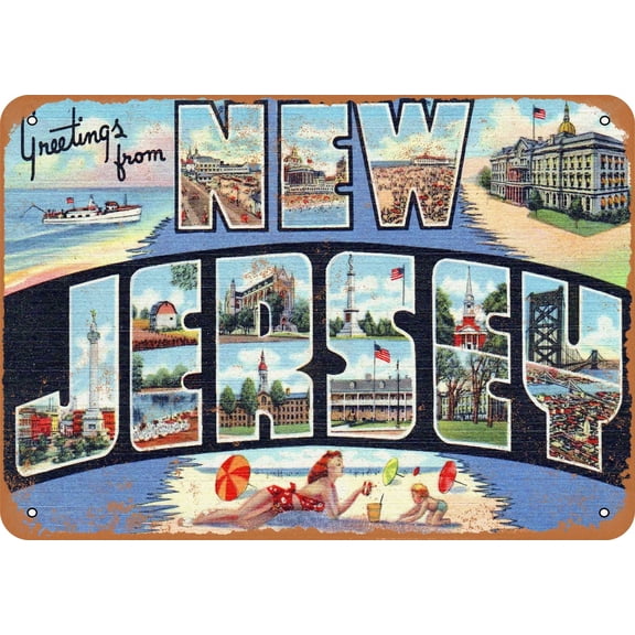 7 x 10 METAL SIGN - Greetings from New Jersey - Vintage Rusty Look