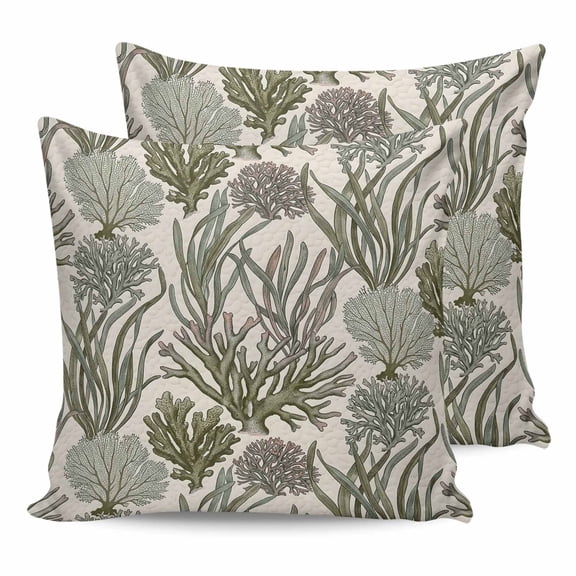 24x24 Pillow Covers Set of 2, Sage Green Coral Coastal Square Throw Pillow Covers for Couch/Sofa/Living Room, Summer Beach Nautical Ocean Decorative Soft Pillowcases for Couch Throw Pillows