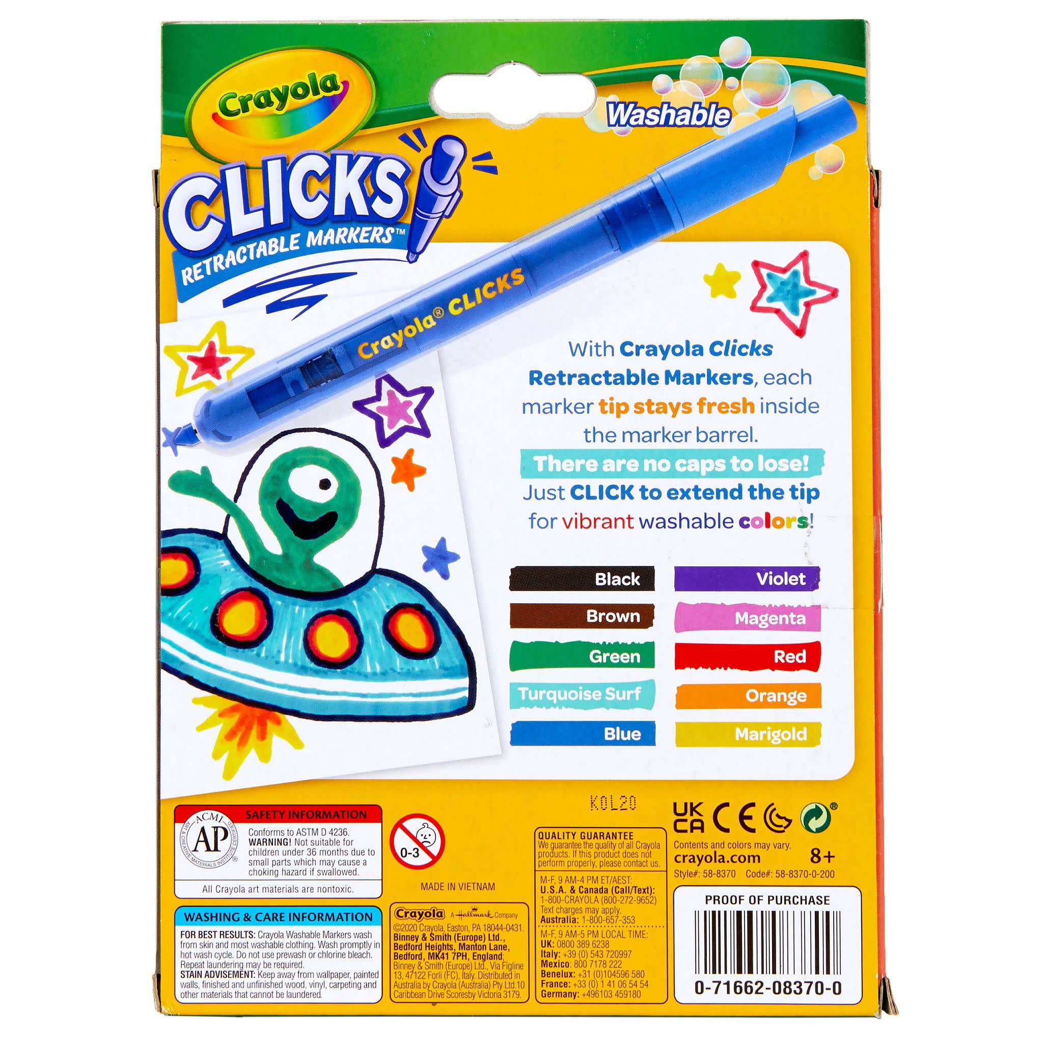 Crayola Clicks Retractable Markers, 10ct, Cone Tip Washable Markers, Cute School Supplies, Classroom Essentials, Gifts for Teachers and Kids, Ages 6+