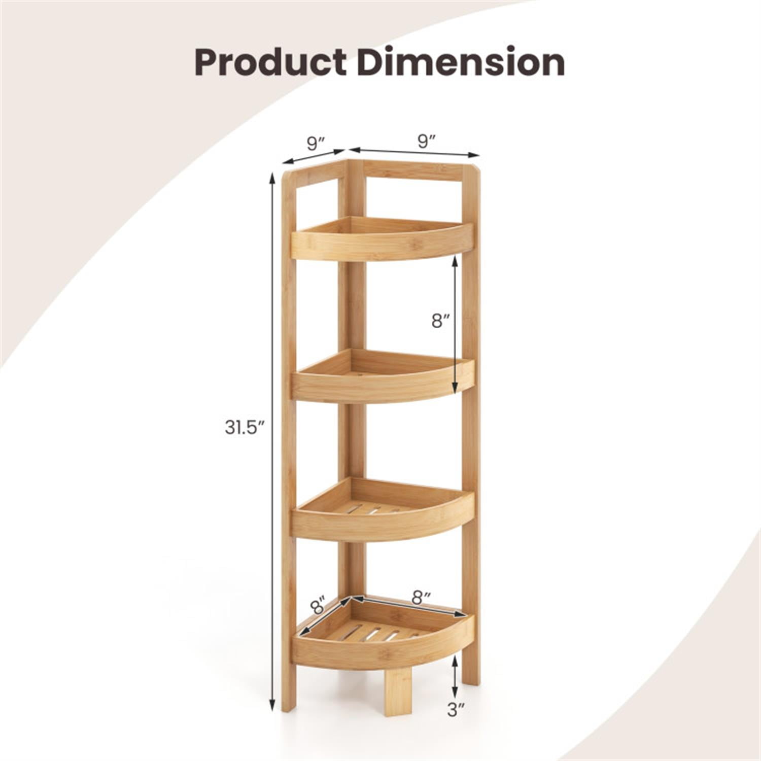 Demi Bonn 31" Corner Shelf, 4-Tier Freestanding Bamboo Display Shelving Tower, Storage Organizer Shelving Unit for Living Room, Bathroom, Kitchen and Office, Beige