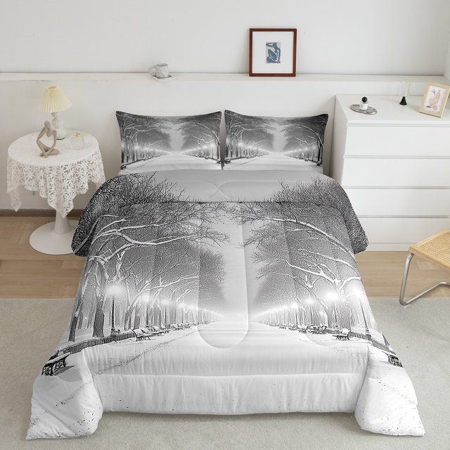 Erosebridal Winter Snow Bedding Sets Queen with Comforter, Street Duvet Insert, Branch Tree Decor, Reversible 3-Piece